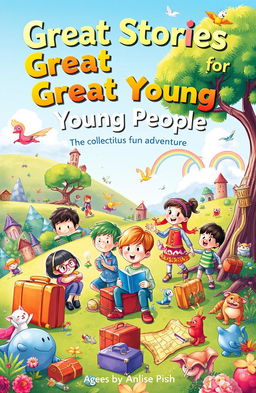 A whimsical illustration for a children's book cover titled 'Great Stories for Great Young People', featuring a vibrant collection of fun and adventure