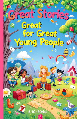 A whimsical illustration for a children's book cover titled 'Great Stories for Great Young People', featuring a vibrant collection of fun and adventure