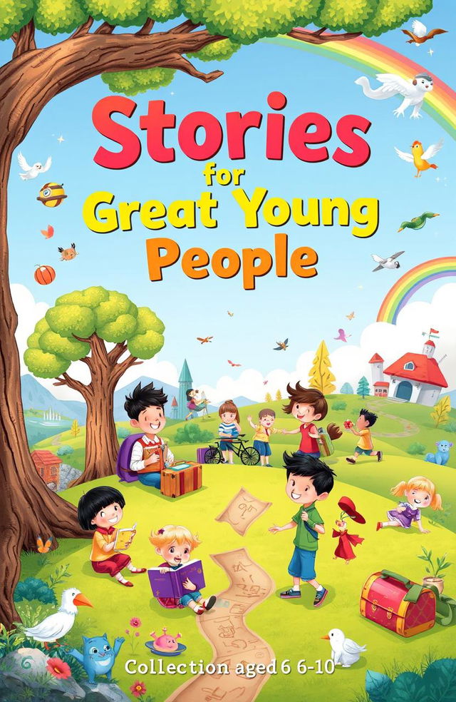 A whimsical illustration for a children's book cover titled 'Great Stories for Great Young People', featuring a vibrant collection of fun and adventure