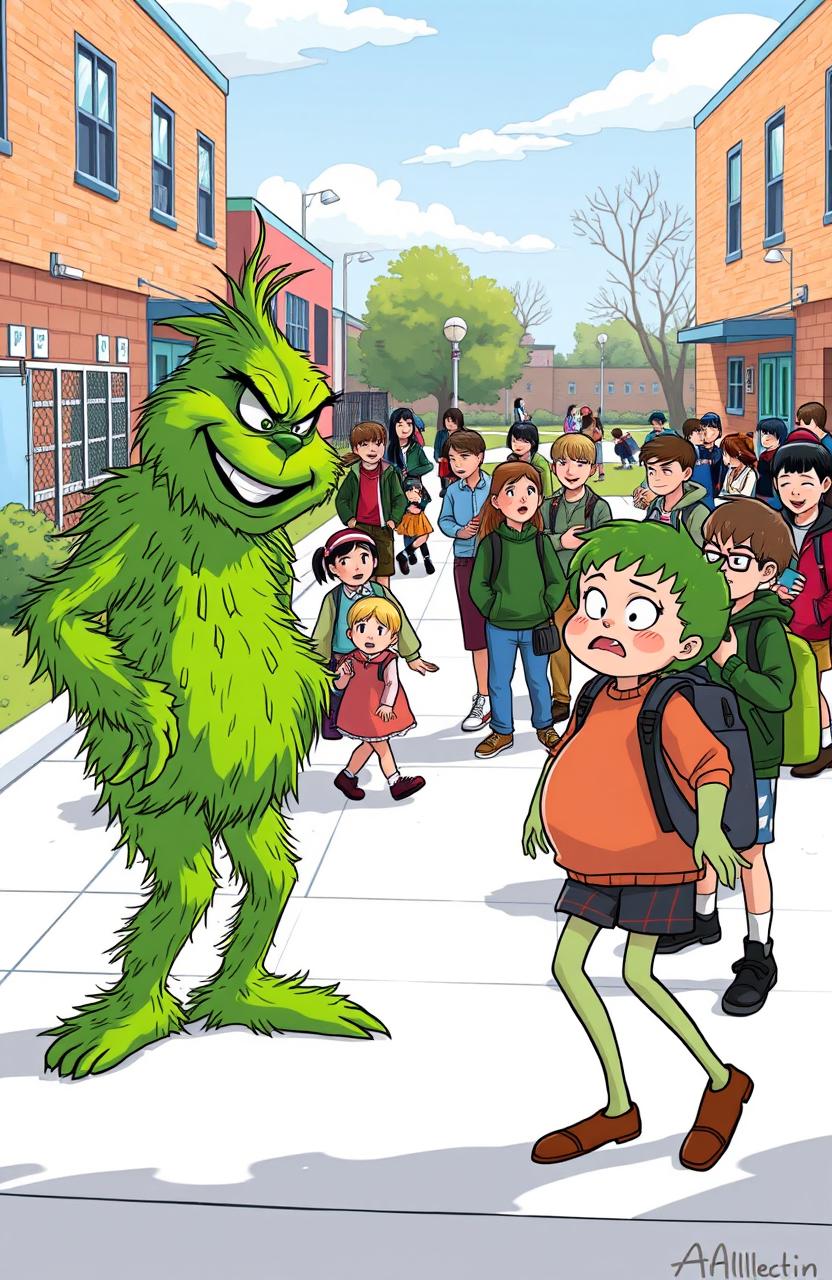 A comical schoolyard scene depicting a mischievous bully resembling the Grinch, playfully teasing a chubby classmate