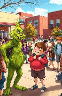 A comical schoolyard scene depicting a mischievous bully resembling the Grinch, playfully teasing a chubby classmate