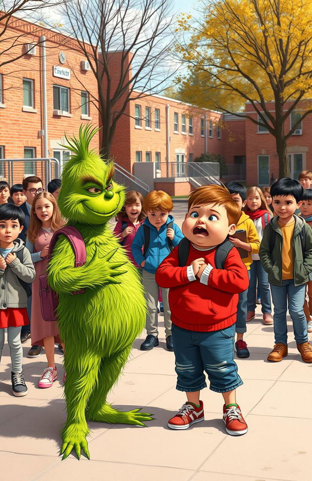 A comical schoolyard scene depicting a mischievous bully resembling the Grinch, playfully teasing a chubby classmate