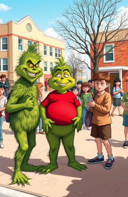 A comical schoolyard scene depicting a mischievous bully resembling the Grinch, playfully teasing a chubby classmate