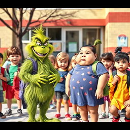 A vibrant schoolyard scene featuring a mischievous bully styled like the Grinch, mockingly teasing a plump classmate