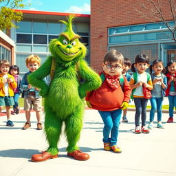 A vibrant schoolyard scene featuring a mischievous bully styled like the Grinch, mockingly teasing a plump classmate