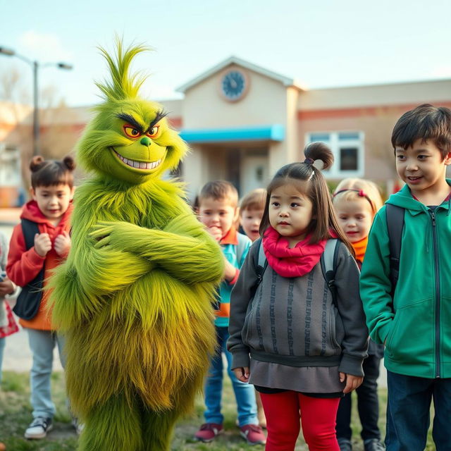 A vibrant schoolyard scene featuring a mischievous bully styled like the Grinch, mockingly teasing a plump classmate