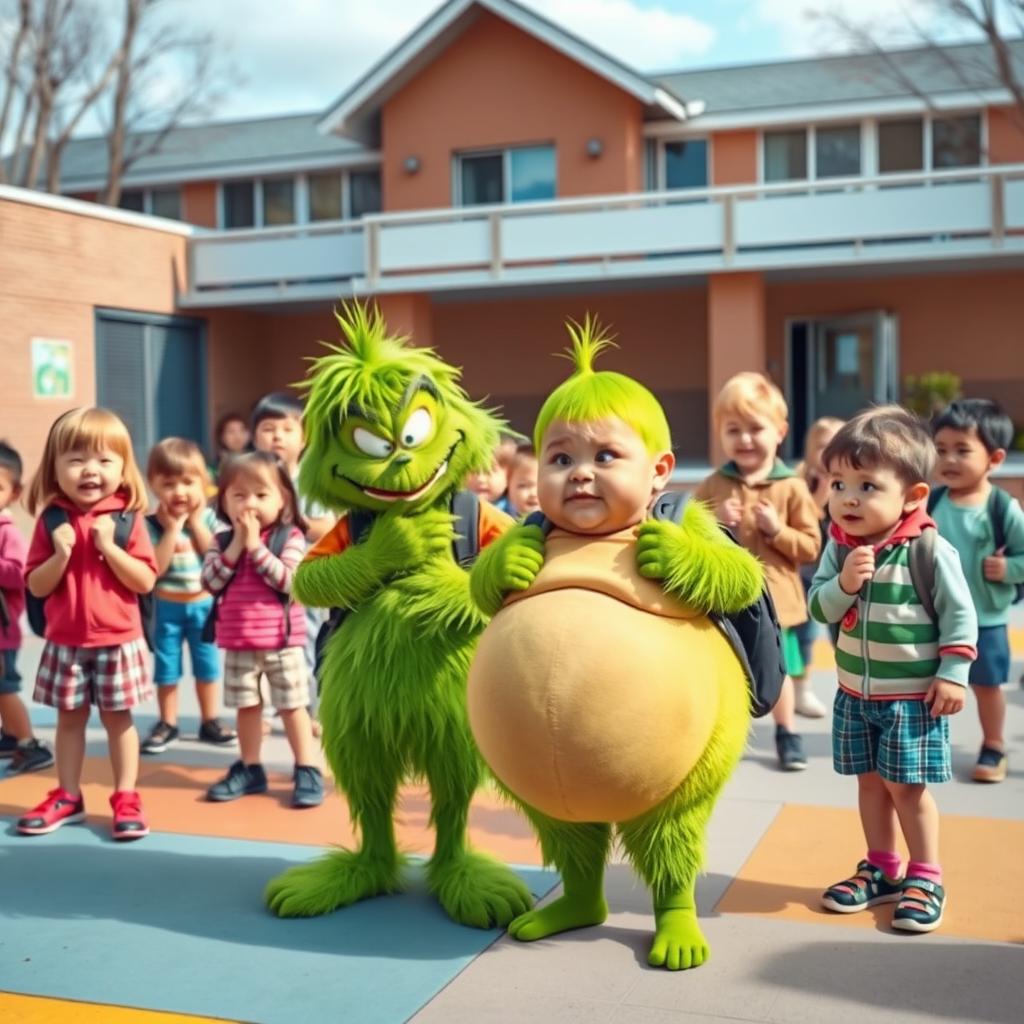 A vibrant schoolyard scene featuring a mischievous bully styled like the Grinch, mockingly teasing a plump classmate