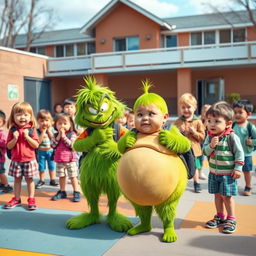 A vibrant schoolyard scene featuring a mischievous bully styled like the Grinch, mockingly teasing a plump classmate