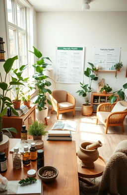 A serene and inviting scene of a calm naturopath's office filled with natural light