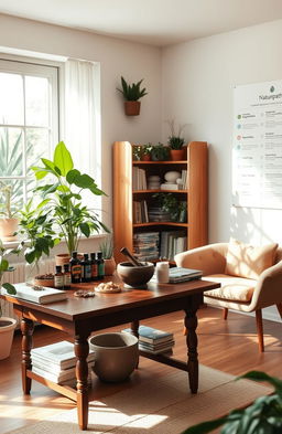 A serene and inviting scene of a calm naturopath's office filled with natural light
