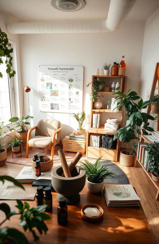 A serene and inviting scene of a calm naturopath's office filled with natural light