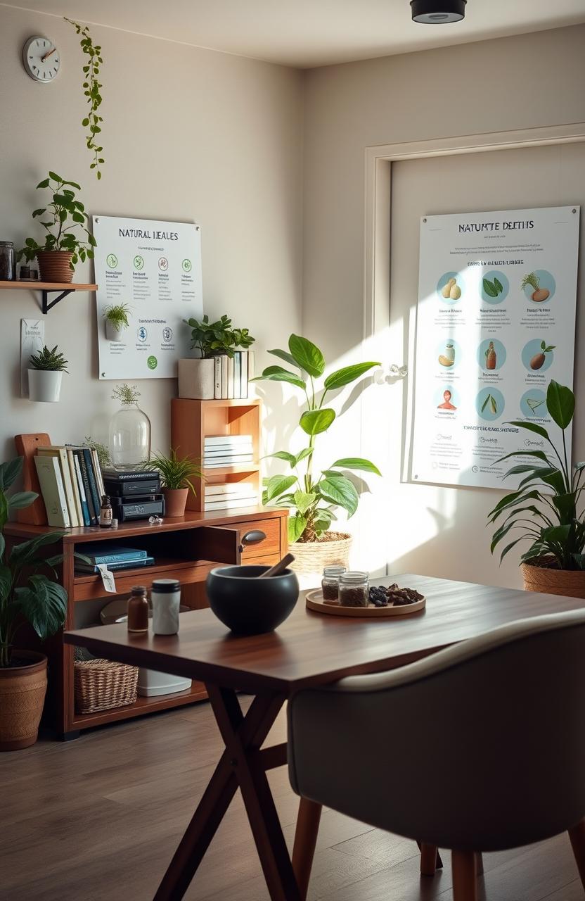 A serene and inviting scene of a calm naturopath's office filled with natural light