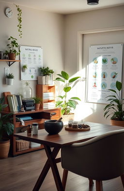 A serene and inviting scene of a calm naturopath's office filled with natural light