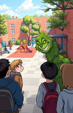 A scene in an elementary school courtyard where a bully, reminiscent of the Grinch, mocks a classmate