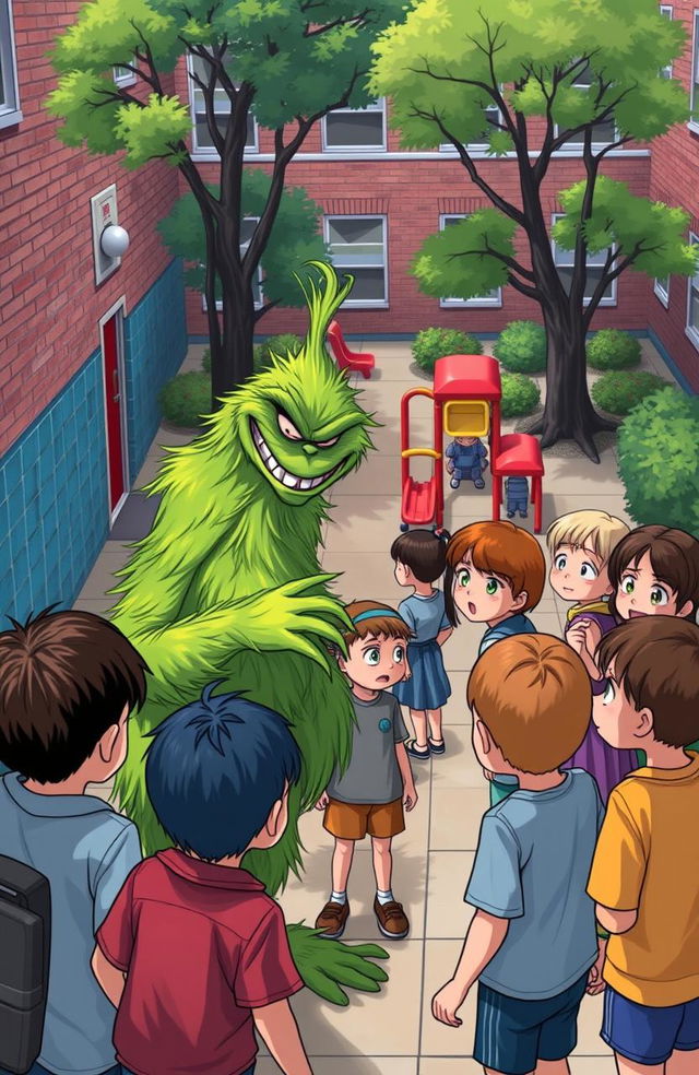 A scene in an elementary school courtyard where a bully, reminiscent of the Grinch, mocks a classmate