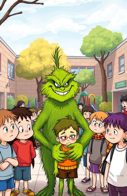 A scene in an elementary school courtyard where a bully, reminiscent of the Grinch, mocks a classmate