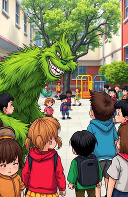 A scene in an elementary school courtyard where a bully, reminiscent of the Grinch, mocks a classmate