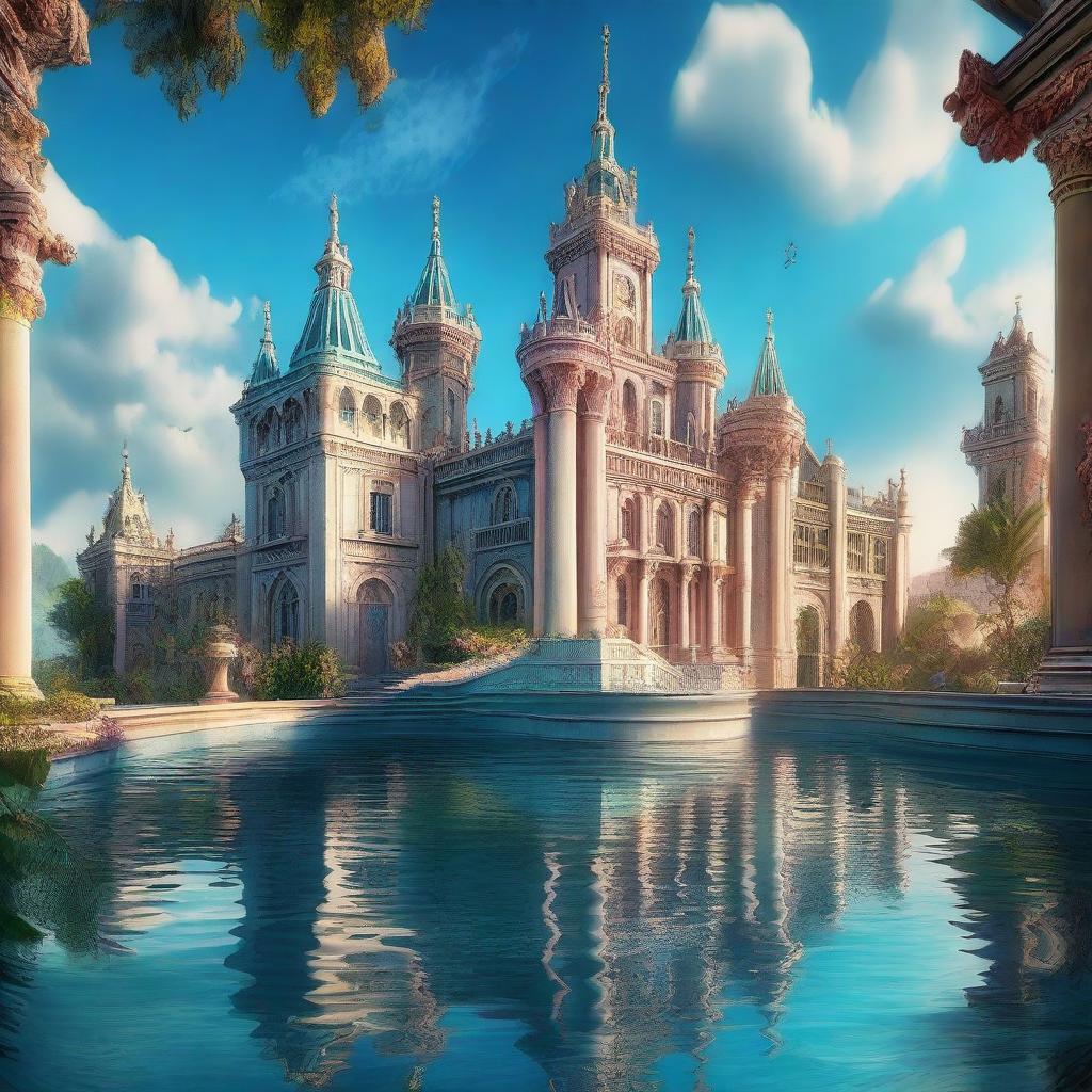 An exquisite, high-resolution image revealing the enchanting Atlantis Castle, influenced by the Rococo era