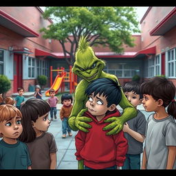 A scene in an elementary school courtyard depicting a bully, resembling the Grinch but with a human face, mocking a classmate