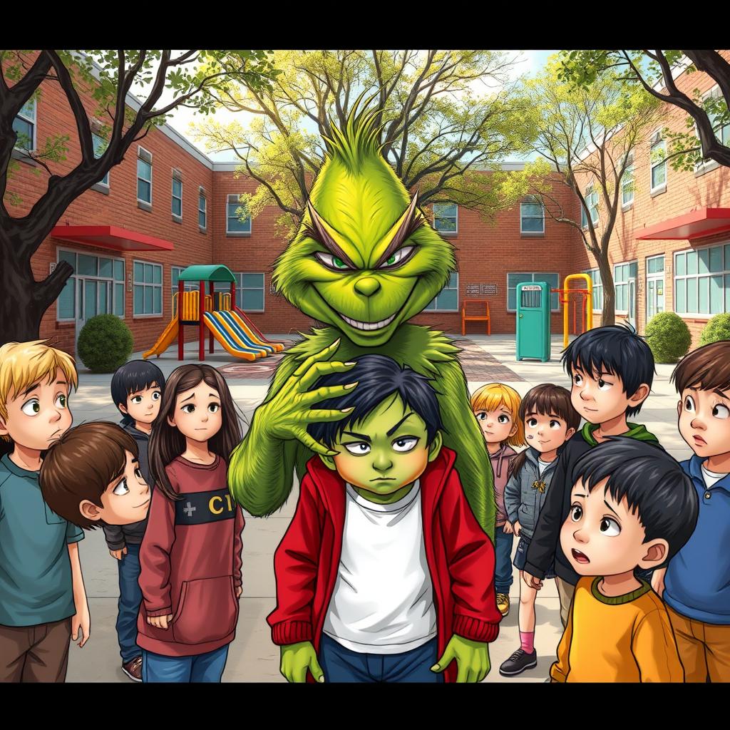 A scene in an elementary school courtyard depicting a bully, resembling the Grinch but with a human face, mocking a classmate