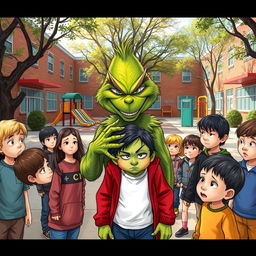 A scene in an elementary school courtyard depicting a bully, resembling the Grinch but with a human face, mocking a classmate