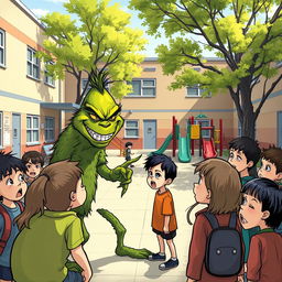 A scene in an elementary school courtyard depicting a bully, resembling the Grinch but with a human face, mocking a classmate