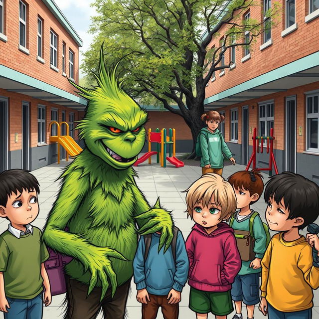 A scene in an elementary school courtyard depicting a bully, resembling the Grinch but with a human face, mocking a classmate