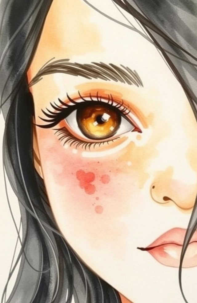 A stunning watercolor painting of a girl with half of her face visible