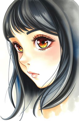 A stunning watercolor painting of a girl with half of her face visible