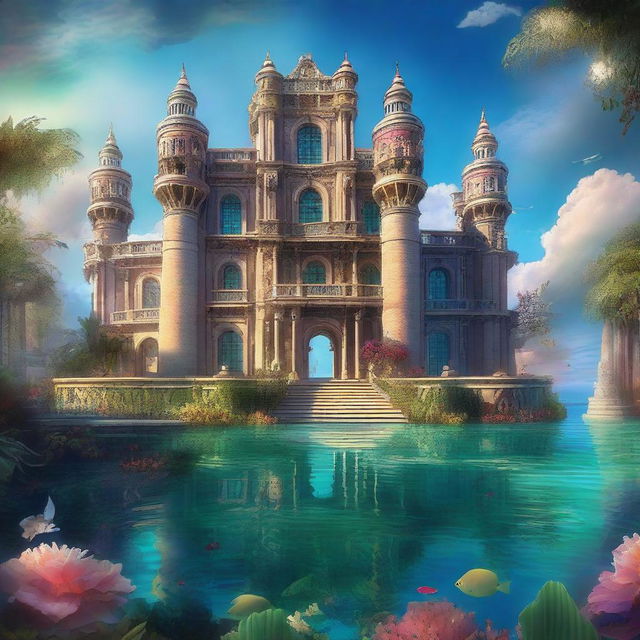 An exquisite, high-resolution image revealing the enchanting Atlantis Castle, influenced by the Rococo era