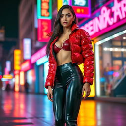 A hot slim girl with striking curves and big breasts, wearing a shiny red tight puffer jacket that accentuates her silhouette, combined with form-fitting black latex leggings that highlight her long legs