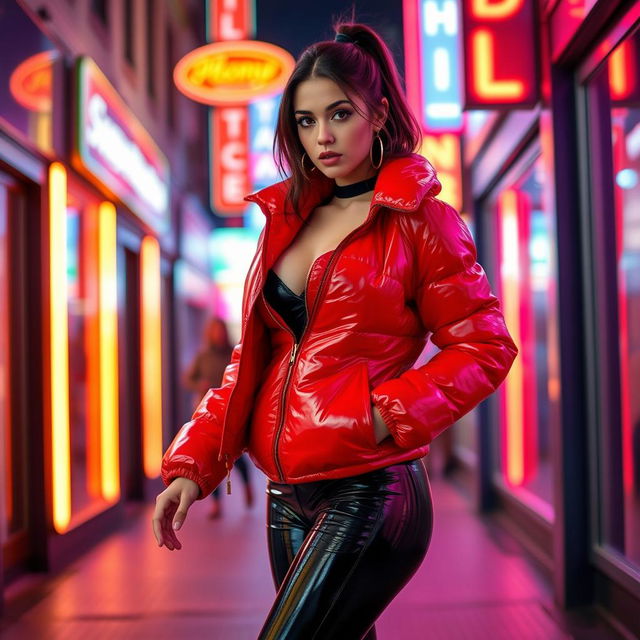 A hot slim girl with striking curves and big breasts, wearing a shiny red tight puffer jacket that accentuates her silhouette, combined with form-fitting black latex leggings that highlight her long legs