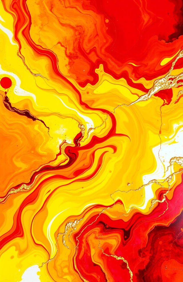 A vibrant and striking abstract composition featuring 60% dominance of bright yellow, complemented by dynamic touches of red and elegant hints of gold