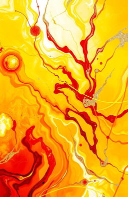 A vibrant and striking abstract composition featuring 60% dominance of bright yellow, complemented by dynamic touches of red and elegant hints of gold