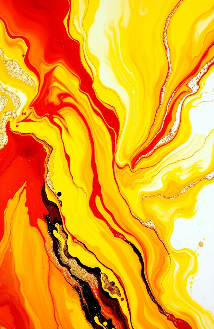 A vibrant and striking abstract composition featuring 60% dominance of bright yellow, complemented by dynamic touches of red and elegant hints of gold