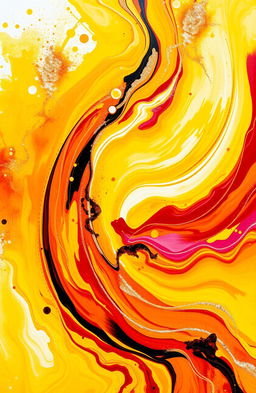 A vibrant and striking abstract composition featuring 60% dominance of bright yellow, complemented by dynamic touches of red and elegant hints of gold