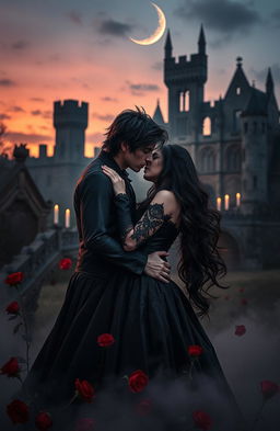 A visually striking dark romance scene featuring a passionate couple entwined in an embrace under a twilight sky