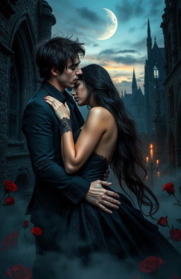 A visually striking dark romance scene featuring a passionate couple entwined in an embrace under a twilight sky