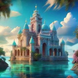 An exquisite, high-resolution image revealing the enchanting Atlantis Castle, influenced by the Rococo era