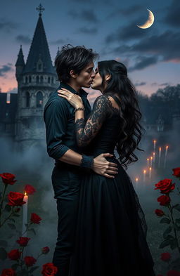 A visually striking dark romance scene featuring a passionate couple entwined in an embrace under a twilight sky