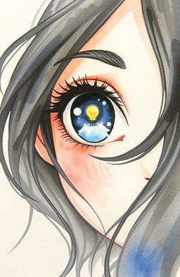 A beautiful watercolor painting depicting the half face of a girl gazing directly at the camera