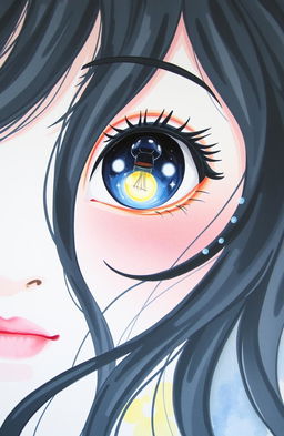 A beautiful watercolor painting depicting the half face of a girl gazing directly at the camera