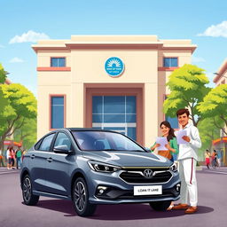 An illustration representing the concept of a vehicle loan from the Bank of India, showcasing a modern car parked in front of a traditional Bank of India building