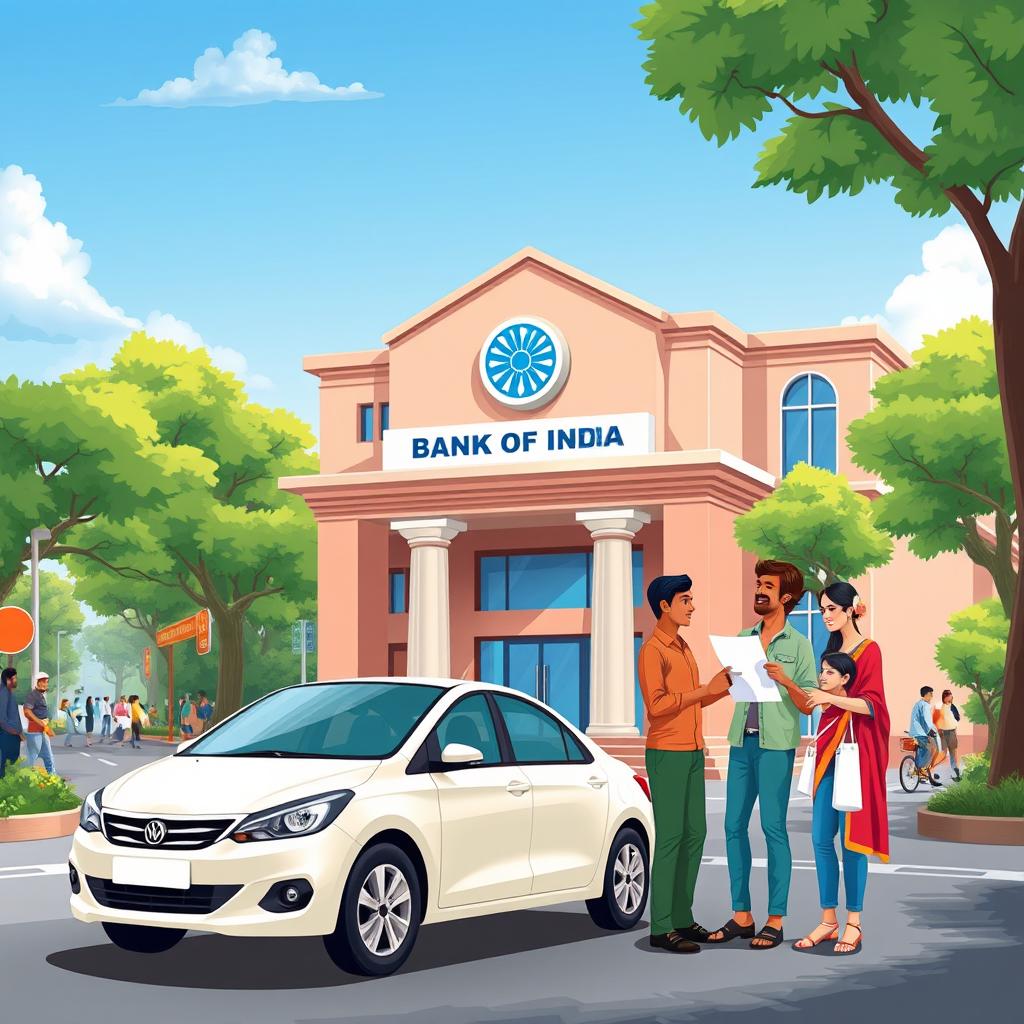 An illustration representing the concept of a vehicle loan from the Bank of India, showcasing a modern car parked in front of a traditional Bank of India building
