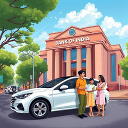 An illustration representing the concept of a vehicle loan from the Bank of India, showcasing a modern car parked in front of a traditional Bank of India building