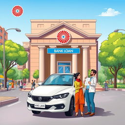 An illustration representing the concept of a vehicle loan from the Bank of India, showcasing a modern car parked in front of a traditional Bank of India building