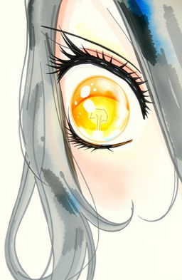 A watercolor painting featuring half of a girl's face looking directly at the camera, displaying big round eyes with an expressive gaze
