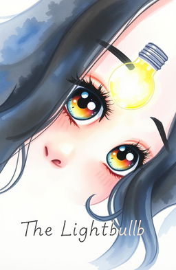 A watercolor painting featuring half of a girl's face looking directly at the camera, displaying big round eyes with an expressive gaze
