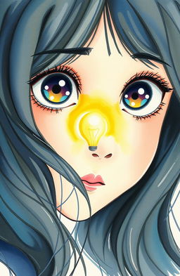 A watercolor painting featuring half of a girl's face looking directly at the camera, displaying big round eyes with an expressive gaze