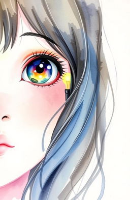 A beautiful watercolor painting of a girl's half face looking directly at the camera